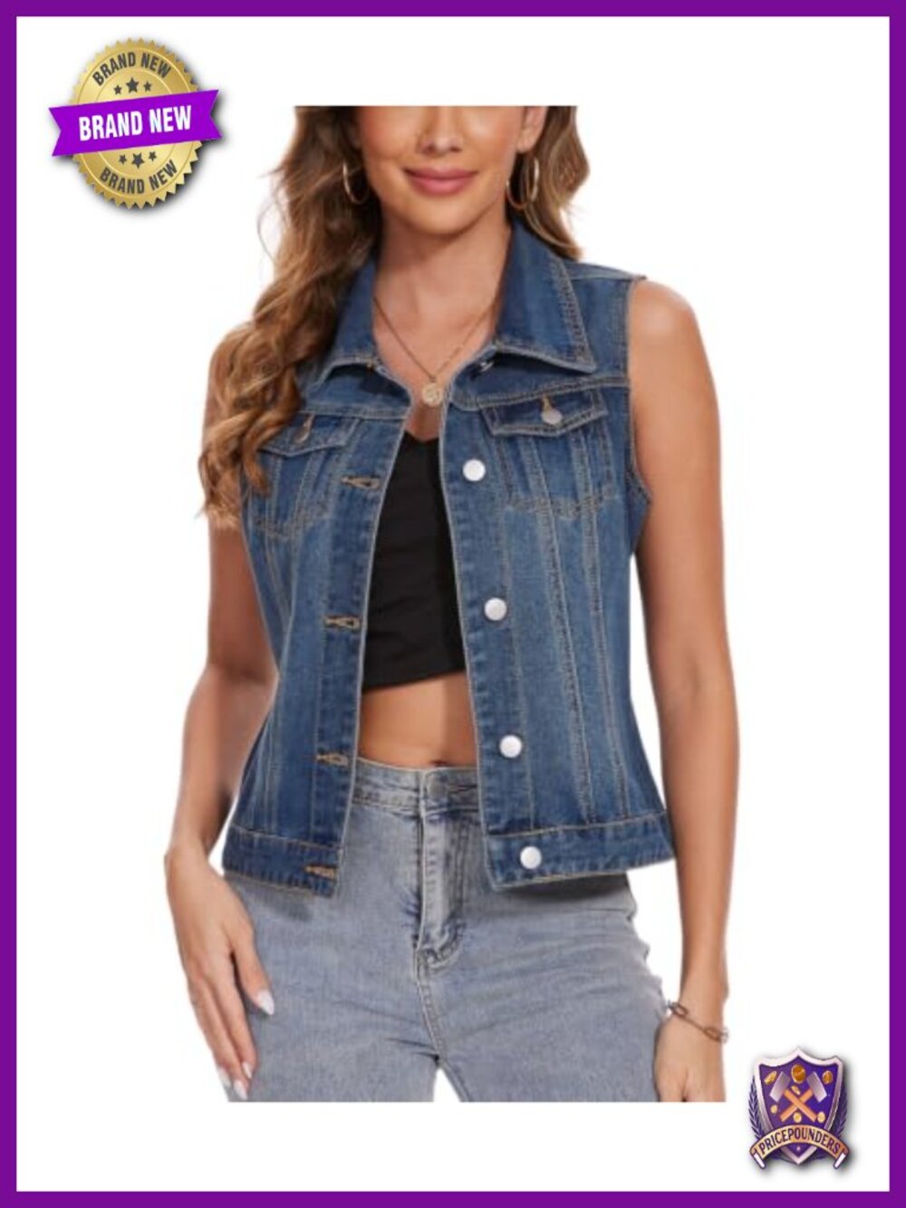 Women's Denim Vest Cropped Sleeveless Jean Vest Jacket With Flap Pockets